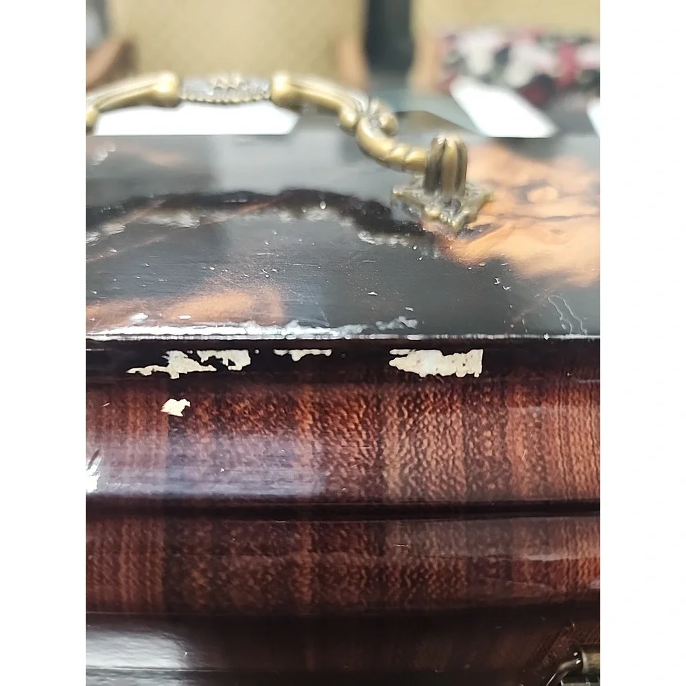 Decorative Wooden Jewelry Box Brown Black Leaves Grain Paper Mache Lacquer Lined